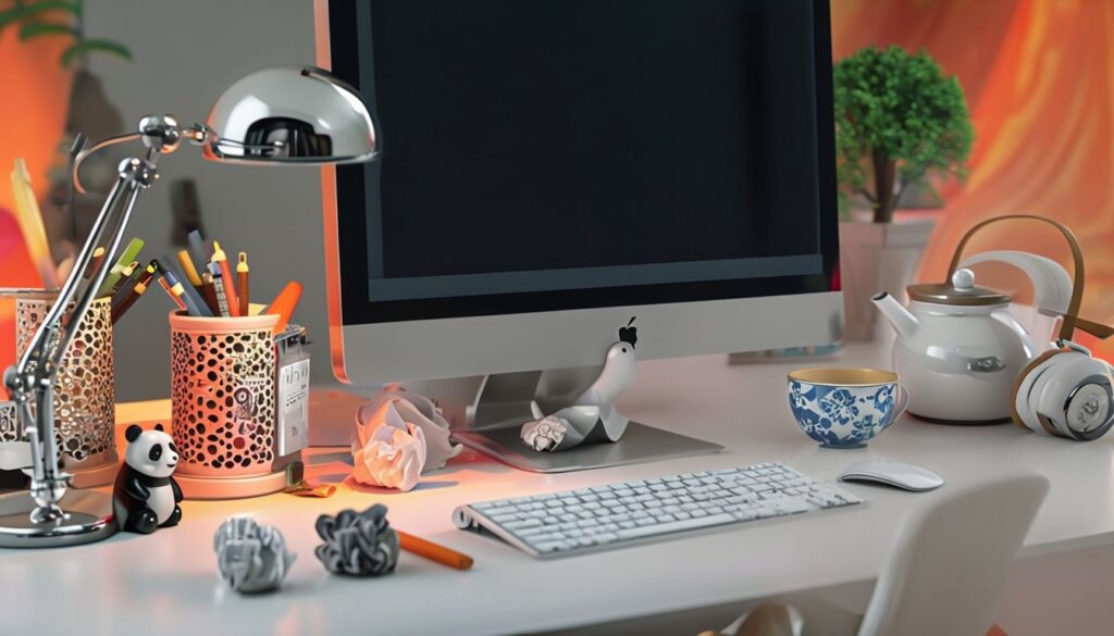 Modern workspace featuring an iMac, a desk lamp, a teapot, headphones, and colorful office supplies in a creative environment.