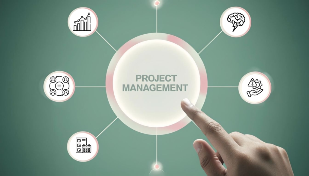 Project Management Process Flow with Key Elements like Planning, Risk Management, and Team Coordination